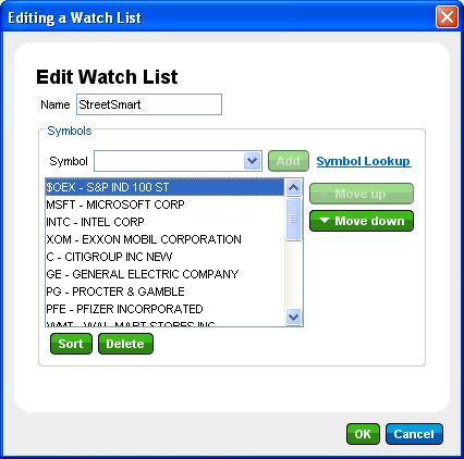 link. It will load the symbol and trade action into the Trade tab. Column descriptions are available in the Watch List Columns topic. Edit Watch Lists To Create or Edit watch lists, click Add or Edit.