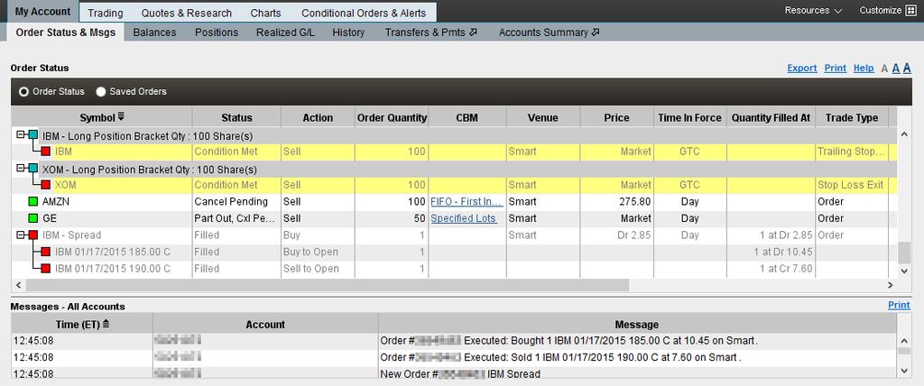 The Order Status panel shows the order details of each order submitted during the current day's trading session and allows you to change or cancel unexecuted open orders.