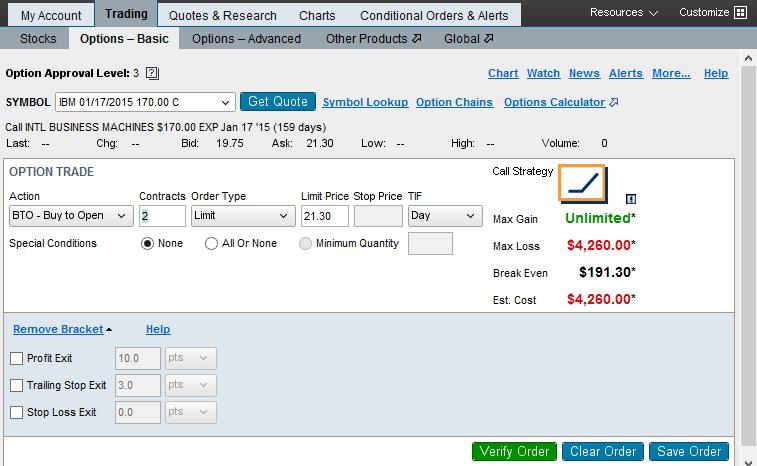 (1115-6373) TRADE OPTIONS Place single-leg option trades from the Options-Basic tab in the Trade tab.