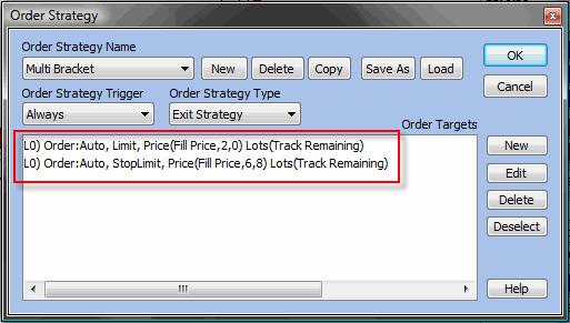 9) Order Targets This window shows the profit and/or loss order targets that were created with the order strategy.