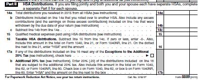 Form 8889 Distribution Section 14 15 16/17 Part II is the section to report distributions from your HSA during the reporting tax year Line 14 report the total distributions from your HSA as reported
