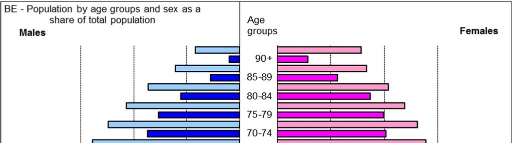 The next graph shows the proportions of age groups as shares of the total population or the age pyramid by gender for 2013 and
