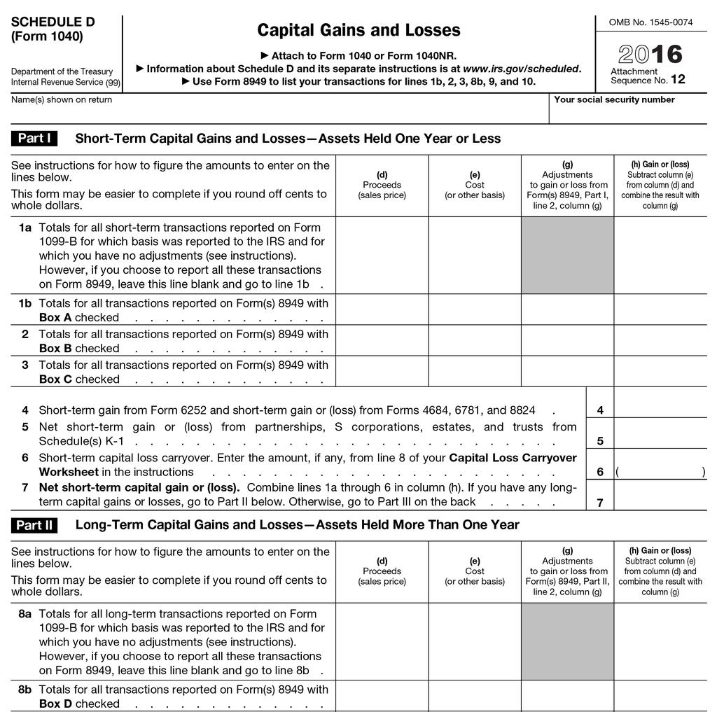 Step 4 Complete Schedule D (Form 1040) In this example, since the shares were held for one year or less, the transaction is considered a short-term capital gain or loss.