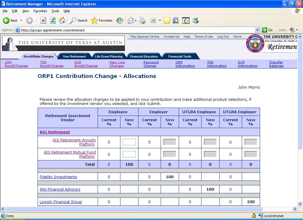 Enrolling in ORP Page 12 Verify the provider(s) you selected and the percent chosen to go to each.