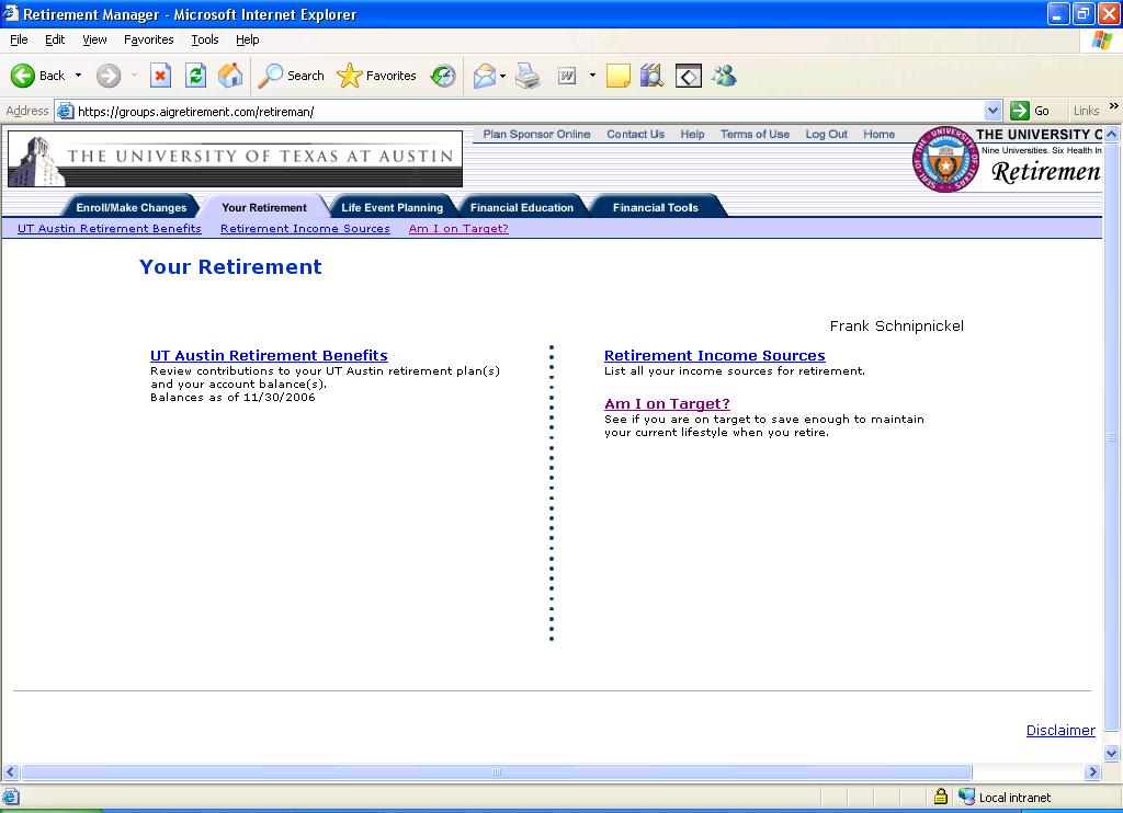 Other Tools: Checking Your Balances Page 27 Your Retirement tab displays a link to your UT