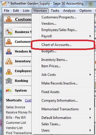 Entering the Maintain the Chart of Accounts Dialog Box Accounts are created, maintained, made active or