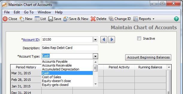 Selecting the Account Type Sage 50 Complete Accounting defaults to the Account Type of Cash.