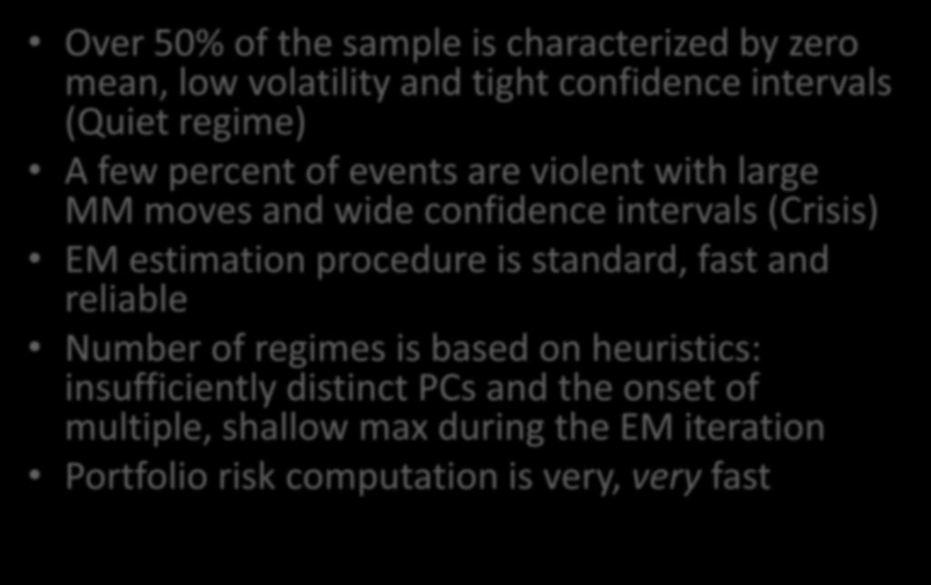 General Observations Over 50% of the sample is characterized by zero mean, low volatility and tight confidence intervals (Quiet regime) A few percent of events are violent with large MM moves and