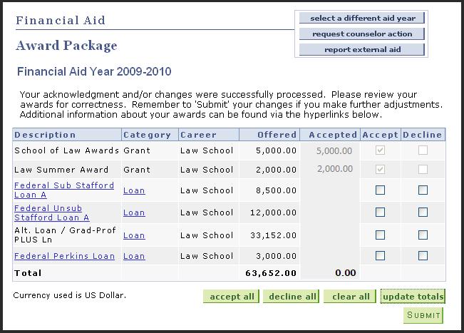 Accept / Decline Financial Aid Awards Step 1 Financial Aid You will see your awards on this page o You can click on the item type description to read the associated award message If your award has