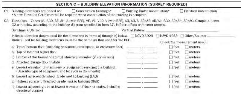 Completing the Elevation Certificate X ELEVATION CERTIFICATE (partial) 127 0 n/a n/a 122 5 127 0 122 5 126 5 122 5 X X X X X X In this example, the BFE is 125.0 feet.