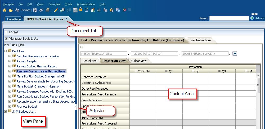 Enter a valid POV (Point Of View)by selecting the Entity (ex: T5700), Fund (ex: 14001), PID (ex: 106310) and click go Adjuster Content Area Document Tab View Pane Adjusts the size of the view pane