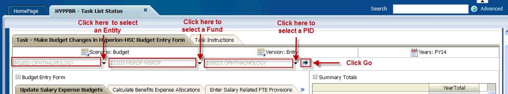 To begin updating the form, you will select an Entity (ex: M1800), Fund (ex: 22100), and PID (ex: 109021) one time, and these parameters will remain the same as the user navigates through each tab
