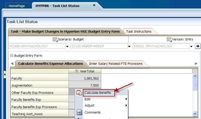 9. Click on the Calculate Benefits Expense Allocations tab When Hyperion Planning first opens up to departments, the staff benefits amounts for all PIDs will be pre populated based on the salary