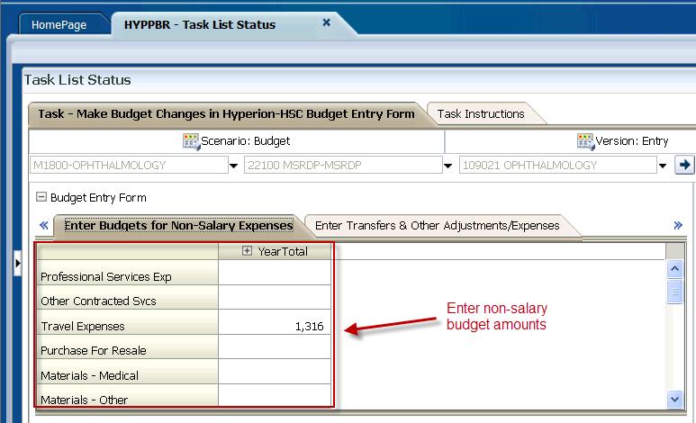 16. Click on the Non-Salary Expenses tab 17. Enter non salary expenses (ex: Travel Expenses, Materials and Operations, etc.) in the YearTotal column.