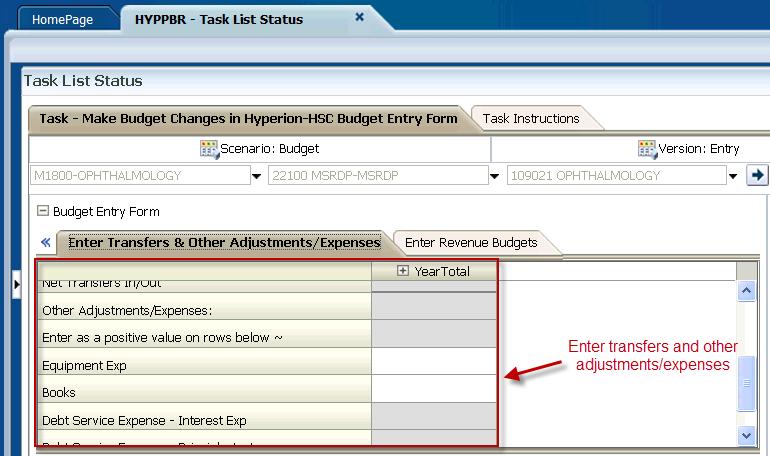 21. Click Save 22. Click on the Enter Revenue Budgets tab 23. Enter Revenue Budgets (ex: Auxiliary Revenue, Sales & Services, etc.) in the YearTotal column.