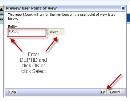 5. The Preview User Point of View box will appear. Confirm or enter Entity (DEPTID) and click OK.