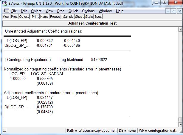 Note: Open the Log Transformed Data View Cointegration Test - OK. A Johansen cointegration test window appears.