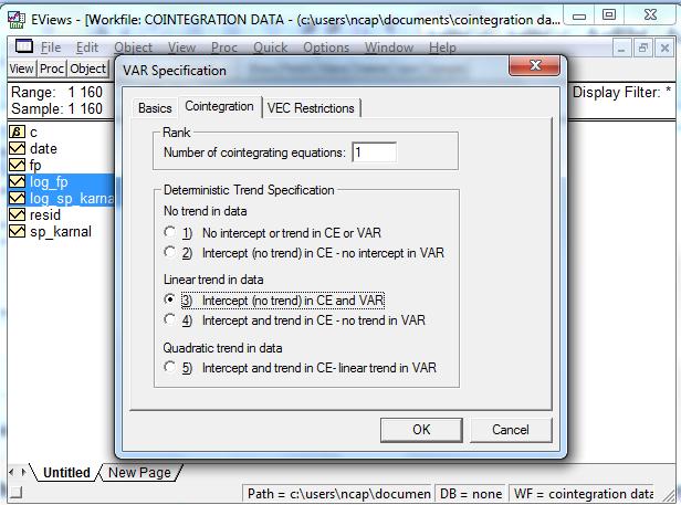 ECM consists of one-period lagged cointegrating equation and the lagged first differences of the endogenous variables. Using the Vector Autoregression (VAR) method, ECM can be estimated.