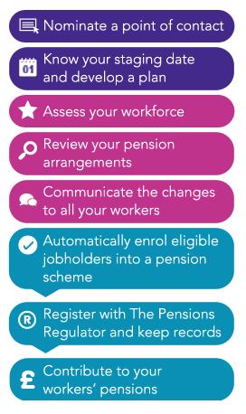 THE MAIN PENSION REGULATOR STEPS: 1. NOW I. Nominate a point of contact II. Know your staging date and develop a plan 2. BETWEEN NOW & STAGING DATE: I. Assess your workforce II. III.