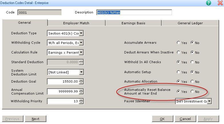 Reset balances for earnings and deductions To specify the earnings to be reset To reset an earning balance to the goal amount found at the employee level, select Yes in the Automatically