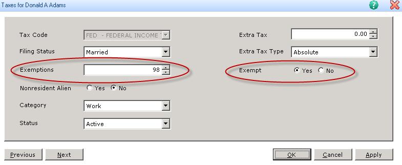 Using Sage Payroll Tax Forms and efiling by Aatrix 5. In the Exemptions field, enter: 98 to withhold no taxes from the Regular Tax Tables. Supplemental Tax Tables will still calculate.