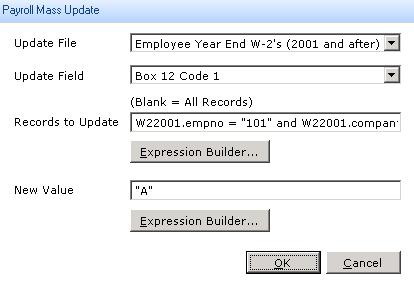 Mass update year-end files To mass update a code The following example shows how to update one employee record and change the first code in box 12 to A.