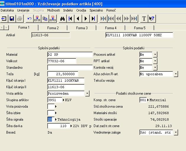 Slika 6.2: Vzdrževanje podatkov artikla po šifrah signala za»formo 1«Vir: Baan (2014) V»Formi 1«so razvidni podatki o materialu artikla, ki povedo, kakšno opremo in sestavo ima kondenzator.