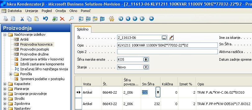 Slika 6.19: Načrtovanje izdelkov za polizdelek zvitek Vir: Navision (2014) Slika 6.20 prikazuje pripadnice proizvodne kosovnice.