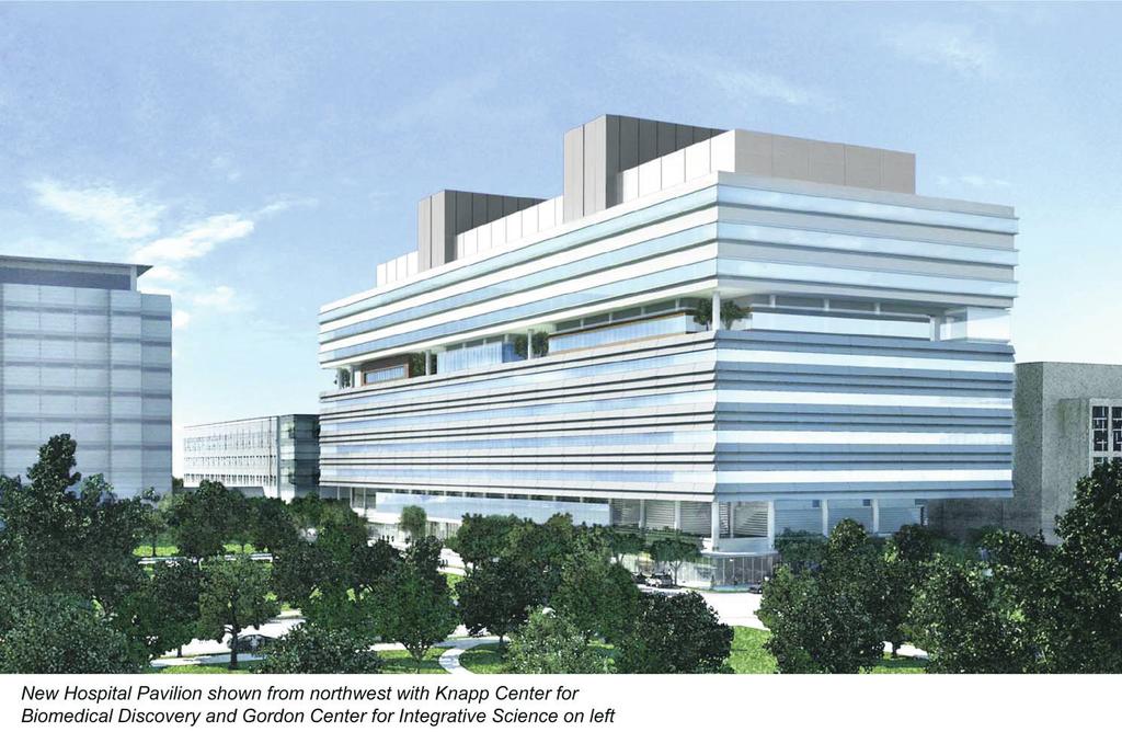New Hospital Pavilion shown from northwest with Knapp Center for Biomedical Discovery and Gordon