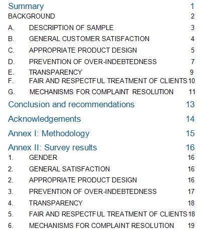 MECHANISMS FOR COMPLAINT RESOLUTION 11 Conclusion and recommendations 133 Acknowledgements 144 Annex I: Methodology 155 Annex II: Survey results 166 1.