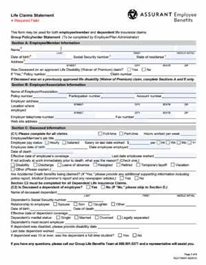 Life, Dependent Life and AD&D Claim Form Sample and Instructions This form can be accessed on our website for employers: www.assurantemployeebenefits.