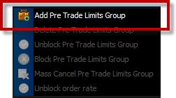 Working With Pre-Trade Limit Groups Adding a Pre-Trade Limit Group To add a Pre-Trade Limit Group, complete the following steps: 1) From the Genium INET PRM window, in the Trader Panel, select a