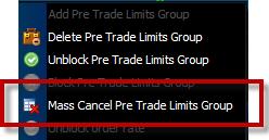 Mass Canceling Orders on a Pre-Trade Limit Group Mass canceling allows you to cancel all open orders for users in a particular group.
