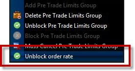 1) From the Genium INET PRM window, in the Trader Panel, select a breached group. Breached Group 2) Using the mouse, right-click, and then select Unblock order rate from the right-click menu.