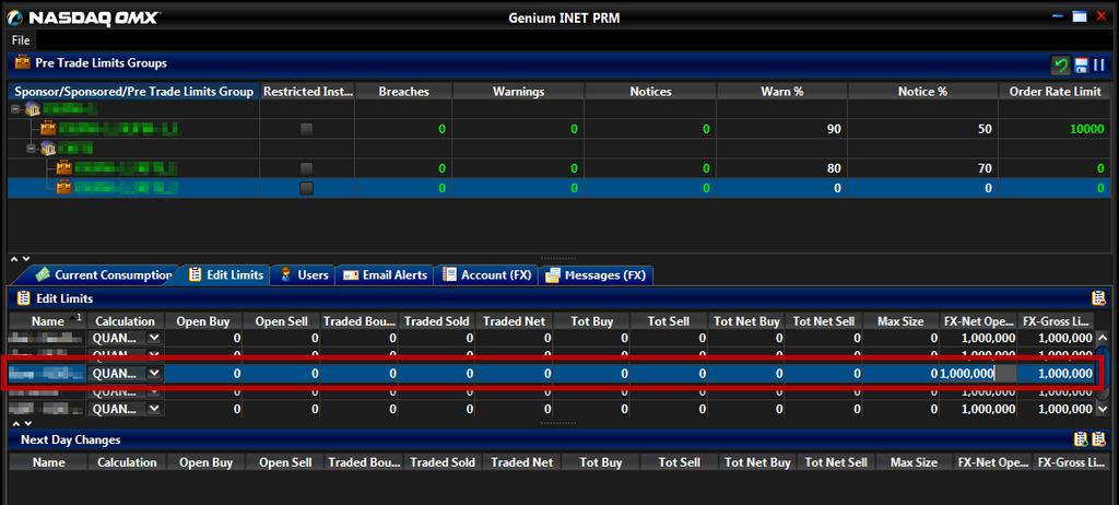 Editing Trade Limits To edit a limit on a Pre-Trade Limit Group, complete the following steps: 1) From the Genium INET PRM window, click the group for which you want to edit limits, and then click