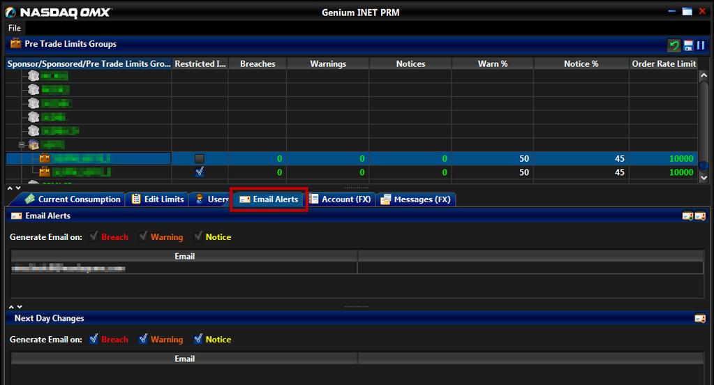 Managing Email Alerts Overview The Genium INET PRM server monitors the activity of all Pre-Trade Limit Groups at all times.