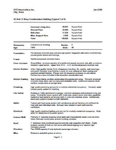 The Insurance Appraisal Report Section 3 - Construction Jan-2011 Site Improvements This section of the report gives a construction outline profile of every building and site improvement appraised in