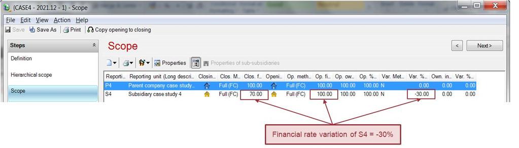 CONSOLIDATION SCOPE The financial rate variation is calculated automatically after having entered the closing financial rate, by difference with the financial rate of the opening consolidation scope.