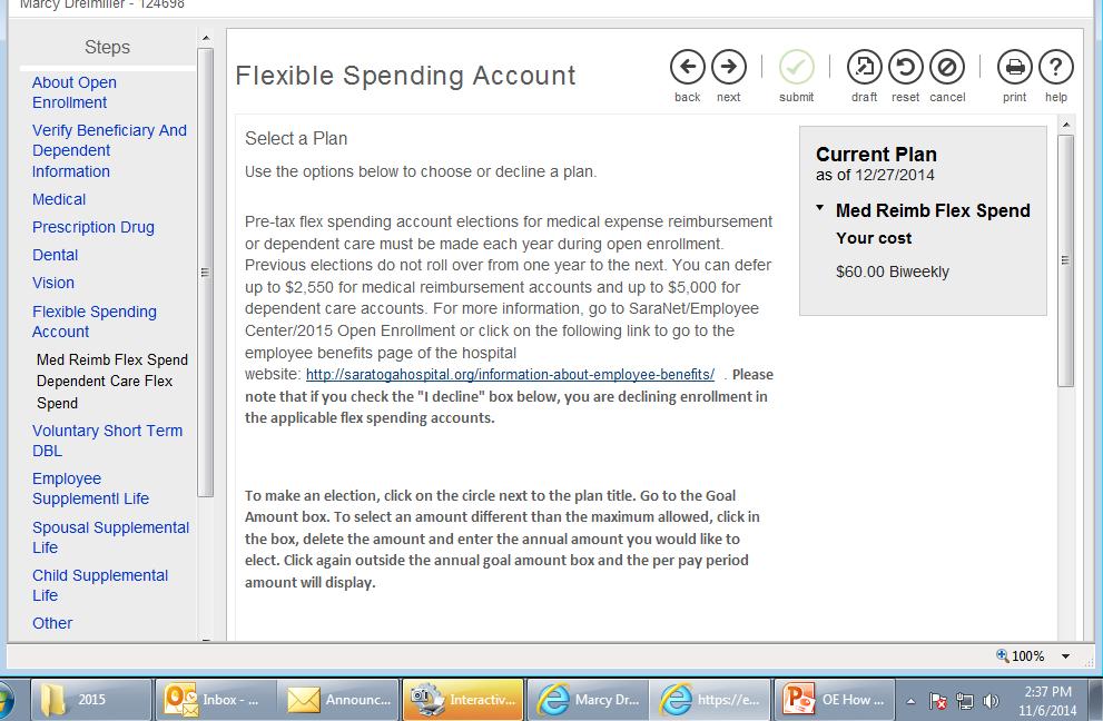 For Medical Reimbursement flex spending, click on the current plan box to see your
