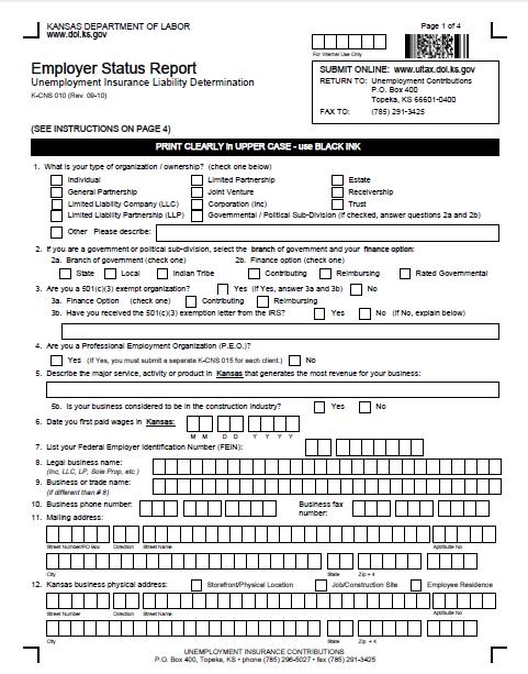 K-CNS 010 Employer Status Report This form is required by all Kansas employers (you) who have individuals (your personal assistant) performing services for them.
