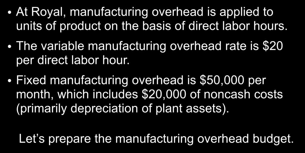 60 Manufacturing Overhead Budget At Royal, manufacturing overhead is applied to units of product on the basis of direct labor hours.