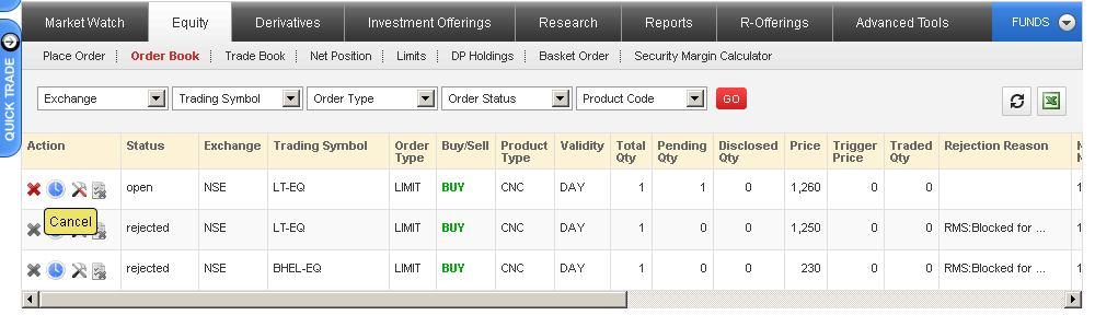 Equity & Derivatives Order Book To cancel the order, Click on Cancel