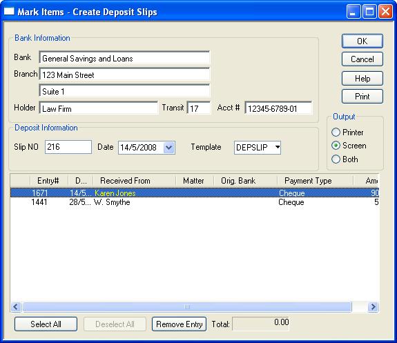 7. Click OK to display the Deposit Slips window. 8. The bank name and address appearing in the Bank Information section is pulled from the Options > Lists > Bank Accounts feature.