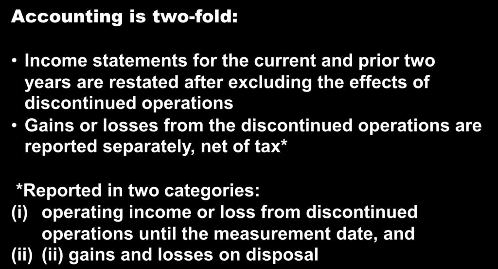 the discontinued operations are reported separately, net of tax* *Reported in two categories: (i) operating