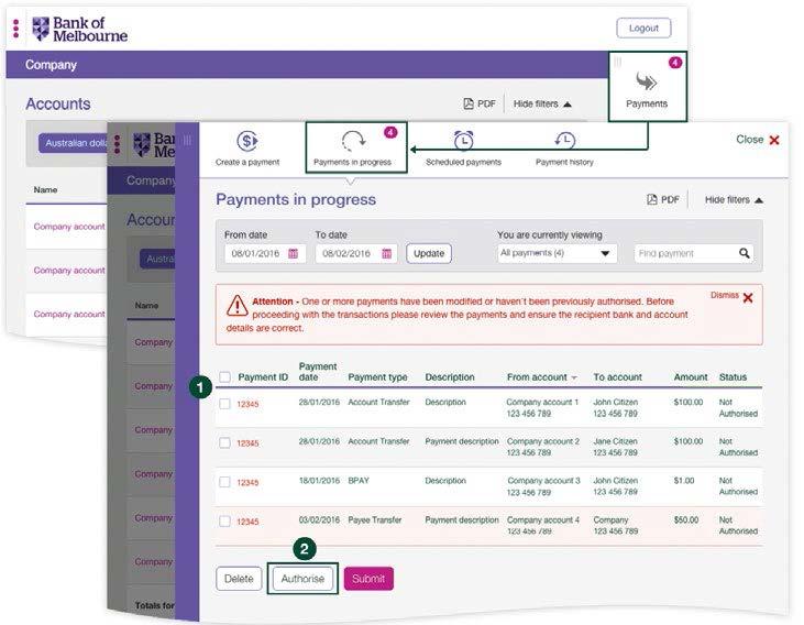 Payments in progress in the Payments menu allows you to review previously created payments and authorise and submit them, and to