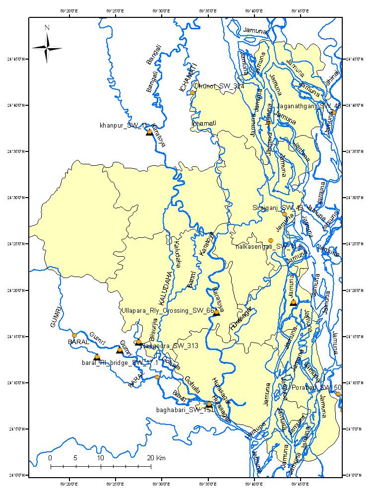 River network, including locations of water level