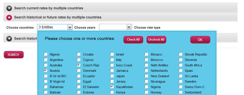 To search historical or future rates by multiple countries, perform the steps as in the following