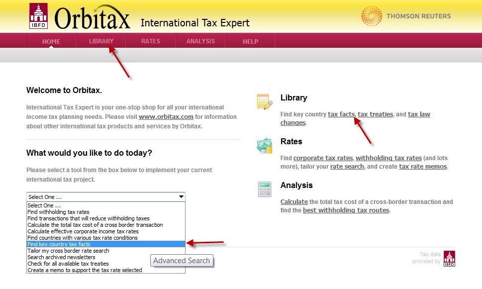 The International Tax Expert Home page is displayed: International Tax Expert has numerous features and functions: Library Search: Suppose you wanted a general synopsis of Ireland s tax laws.