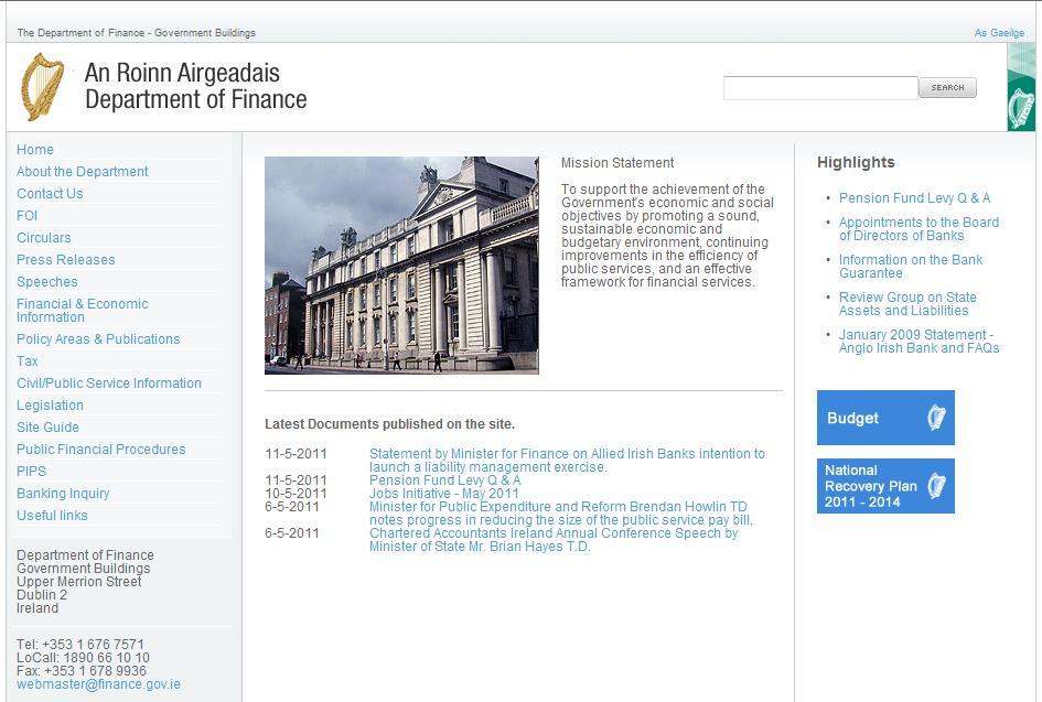 In this example, key data and links from Ireland s Department of Finance are
