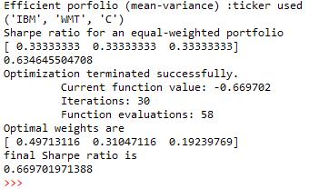 Chapter 8 print('sharpe ratio for an equal-weighted portfolio') equal_w=sp.ones(n, dtype=float) * 1.